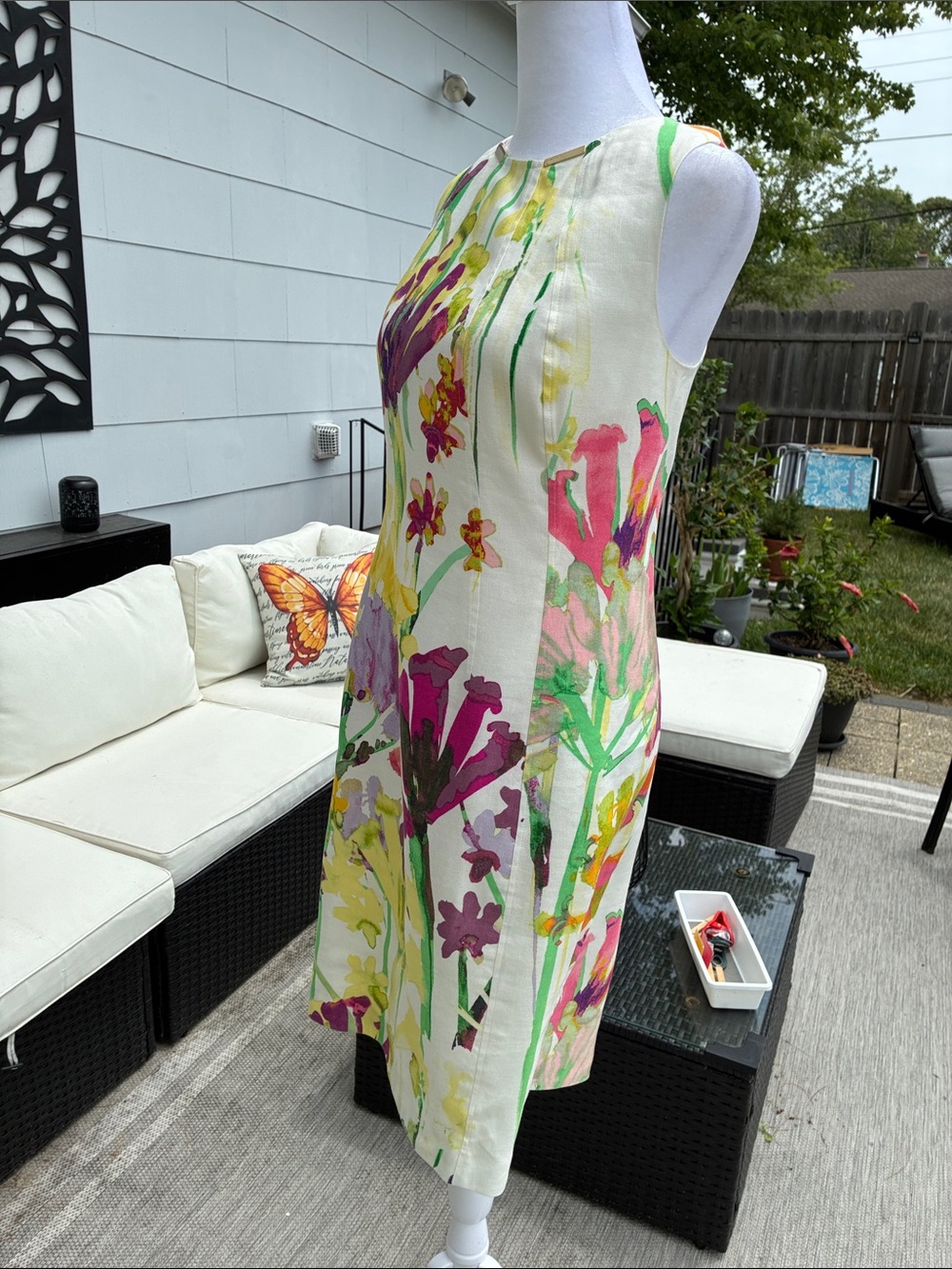 Calvin Klein Sleeveless Linen Blend Dress, Ivory w/ Multi-Color Floral Design 10 - Picture 5 of 12